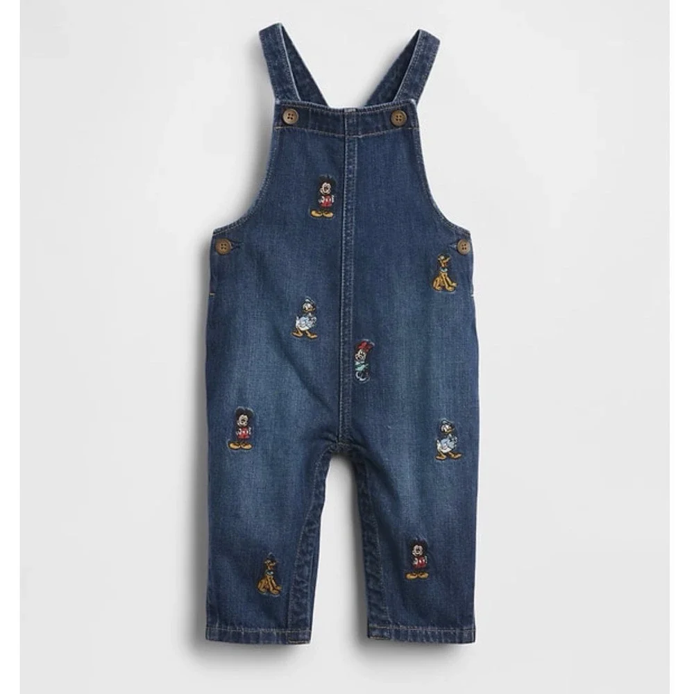 Baby Gap x Disney Denim Overalls 3-6M Mickey Friends Embroidered Dark Wash